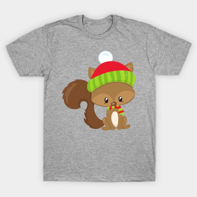 Winter Squirrel, Cute Squirrel, Squirrel With Hat T-Shirt by Jelena Dunčević